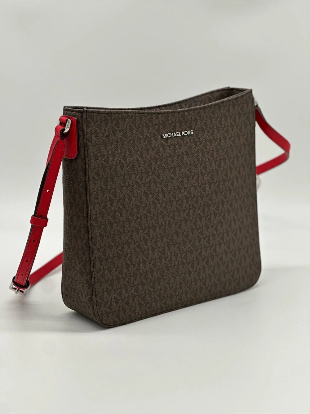 Michael Kors Brown Monogram Crossbody with Red Strap